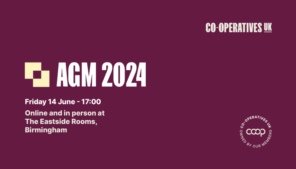 A graphic showing the date and venue of Co-operatives UK's AGM in 2024